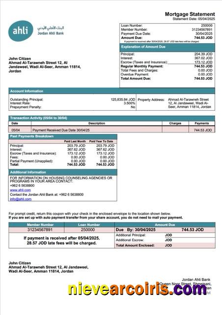 Jordan Ahli Bank mortgage statement Word and PDF template